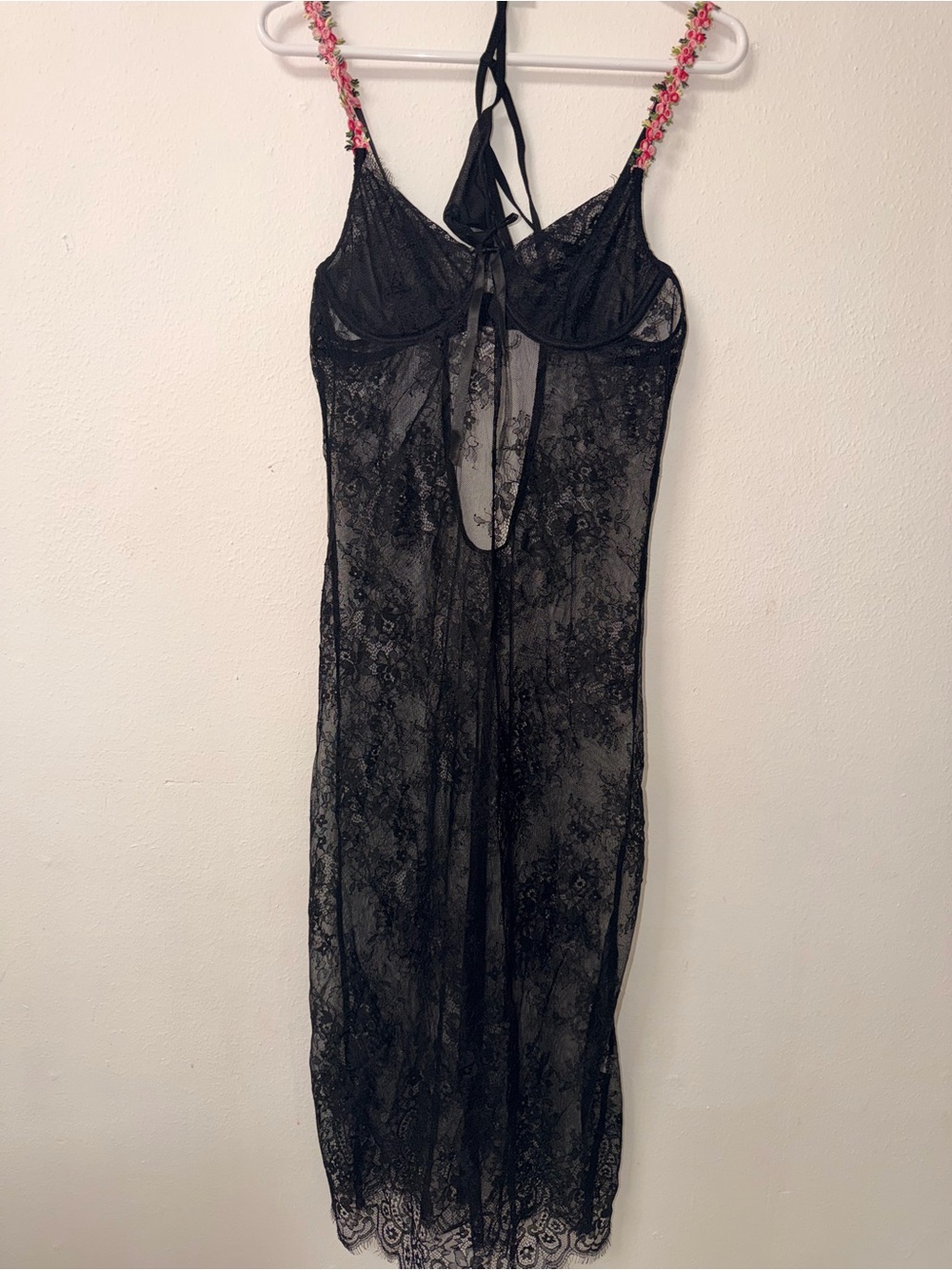 Sheer Black Lace Chemise Nightgown with Floral Straps